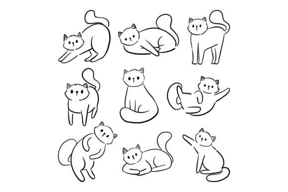 Adorable Hand Drawn Cat Pose Line Art