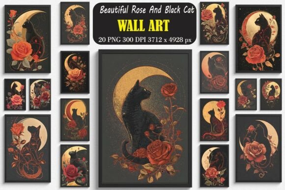 Beautiful Rose and Black Cat Wall Arts Bundle