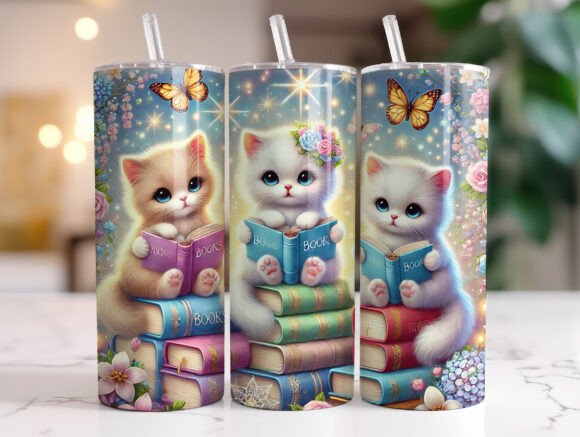 Cat Reading Book 20oz Tumbler Wrap PNG
