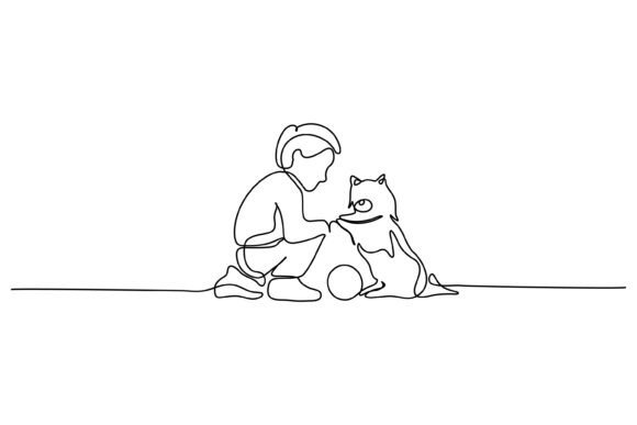 Continuous Line Design of Boy Feeding Cat