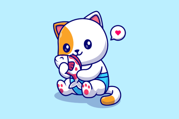 Cute Baby Cat Hug Fish Cartoon