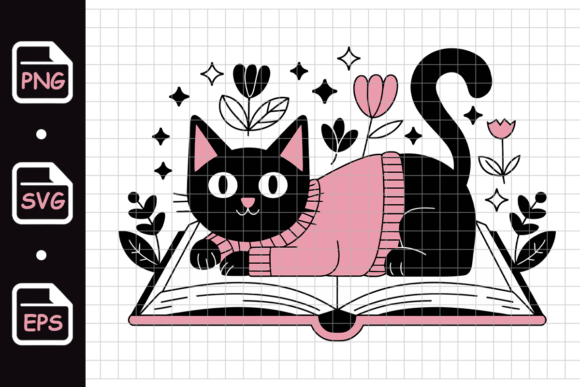 Cute Black Cat on Open Book Illustration
