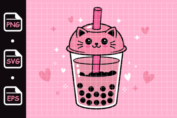Cute Cat Boba Drink with Hearts