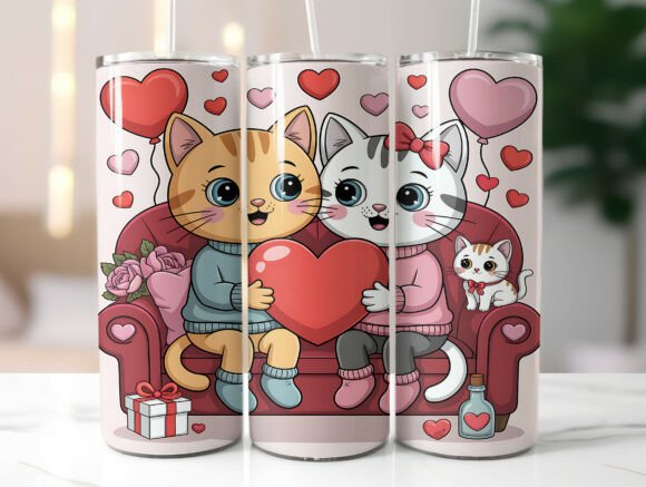 Cute Cat Couple Love Tumbler Wrap PNG