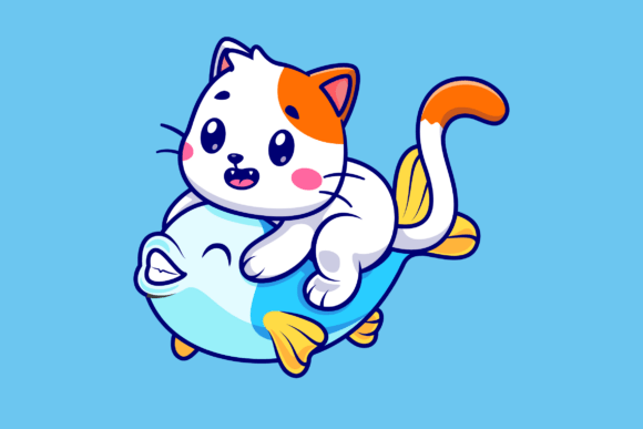 Cute Cat Riding Fish Cartoon