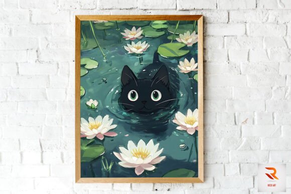 Cute Cat Swimming Among Water Lilies Art
