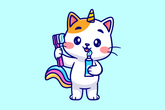 Cute Cat Unicorn Holding Toothbrush