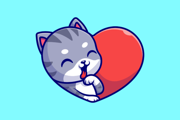 Cute Cat with Love Heart Cartoon