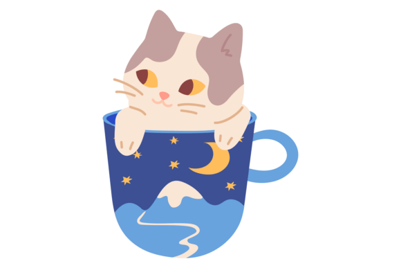 Cute Pet in Blue Mug. Lovely Kitten Icon