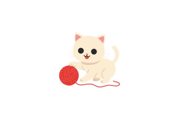 Cute White Cat Playing with a Red Yarn B