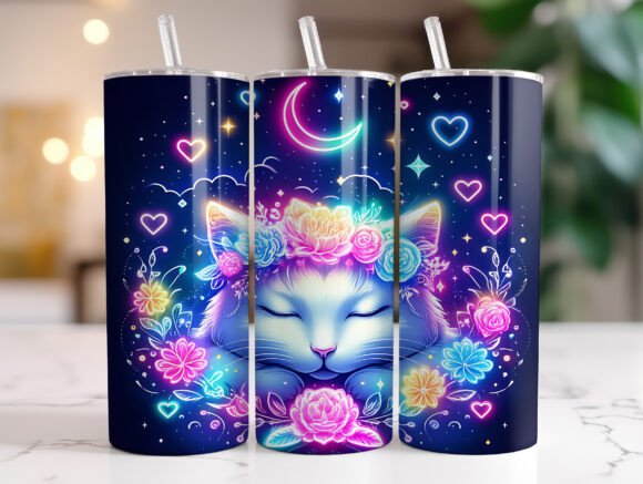 Dreamy Floral Cat 20 Oz Tumbler Wrap PNG