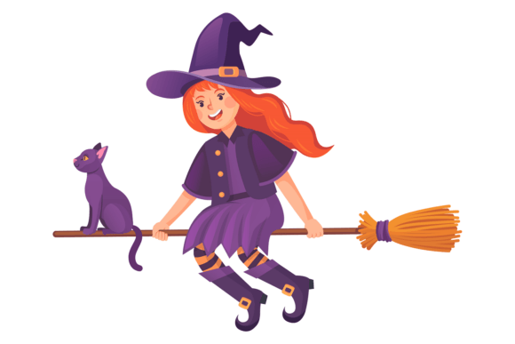 Girl Witch and Black Cat Sit on Broom St