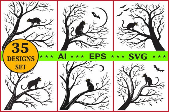 Halloween Cat on Haunted Tree Vector Set