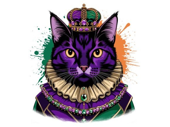 Mardi Gras King Cat Crowned Royal Vector