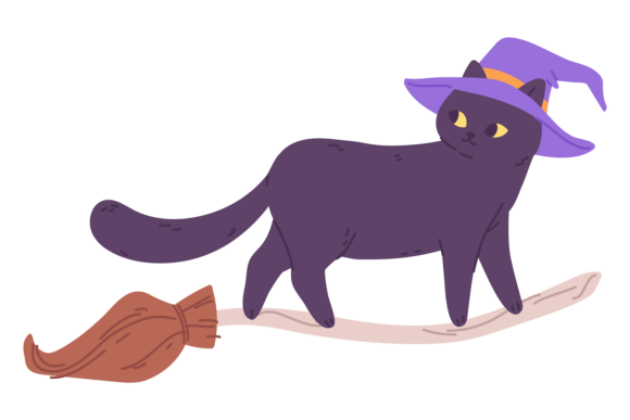 Witch Cat Flying on Broom. Spooky Kitten